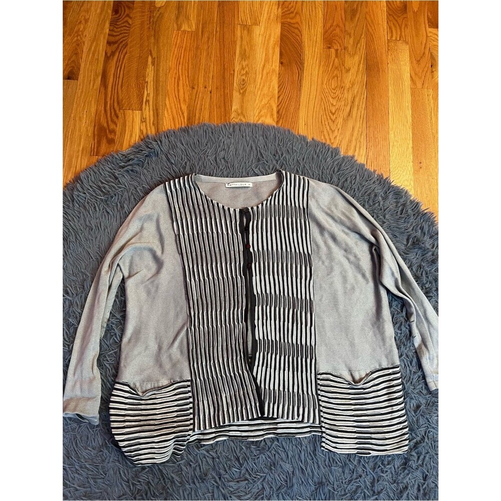 Matthildur Light Gray Button-Front Knit Oversized Cardigan Black Stripes Size S